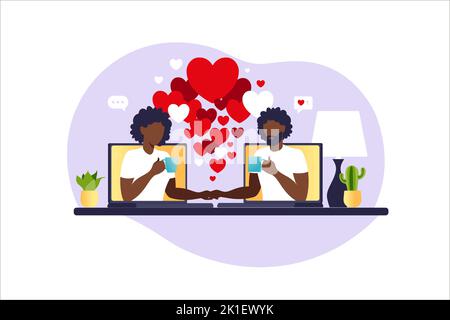 Jeune couple sur une discussion en ligne. Concept de relations virtuelles et de rencontres en ligne et de réseautage social. Rencontres en ligne. Homme et femme africains amoureux. Illustration de Vecteur