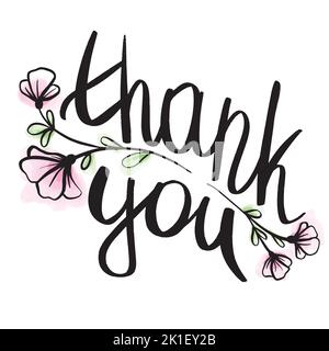 Carte postale de remerciement dessinée à la main. Carte de vœux. Illustration de l'encre sur fond aquarelle. Lettrage avec fleurs Illustration de Vecteur