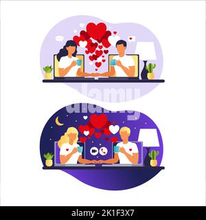 Jeune couple sur une discussion en ligne. Concept de relations virtuelles et de rencontres en ligne et de réseautage social. Rencontres en ligne. Homme et femme amoureux. Illustration de Vecteur
