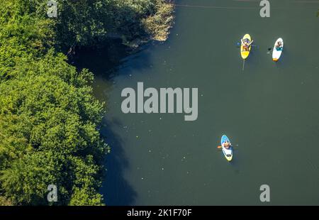 Vue aérienne, pagayage et promenade en paddle sur la Lippe, Hünxe, région de la Ruhr, Rhénanie-du-Nord-Westphalie, Allemagne, Badespaß, DE, Europe, temps libre, Recreati Banque D'Images