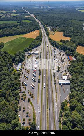 Vue aérienne, A3 zone de service d'autoroute Hünxe Ouest et Hünxe est, Hünxe, région de la Ruhr, Rhénanie-du-Nord-Westphalie, Allemagne, DE, Europe, Hünxe, photo aérienne Banque D'Images