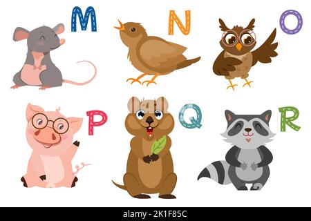 Alphabet anglais avec animaux mignons et plats pour l'éducation des enfants. Lettres avec des personnages d'animaux et d'oiseaux amusants de M à R. Children design set pour apprendre à épeler avec la collection de zoo de dessins animés. Illustration de Vecteur