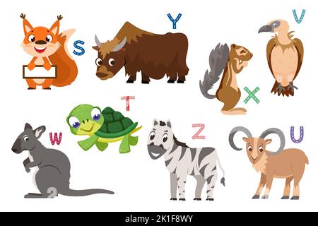 Alphabet anglais avec animaux mignons et plats pour l'éducation des enfants. Lettres avec des personnages d'animaux et d'oiseaux drôles de S à Z. ensemble de conception d'enfants pour apprendre à épeler avec la collection de zoo de dessins animés. Illustration de Vecteur