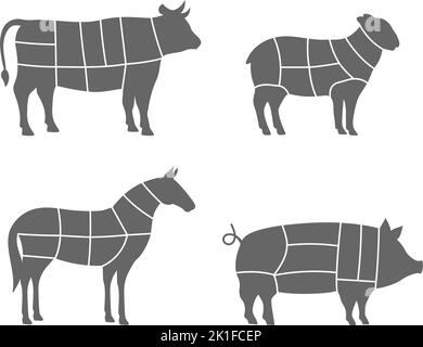 Coupes de régime d'animaux de ferme. Porc, cheval, mouton, vache coupes de viande. Illustration du schéma de coupe de viande isolée sur fond blanc. Illustration de Vecteur