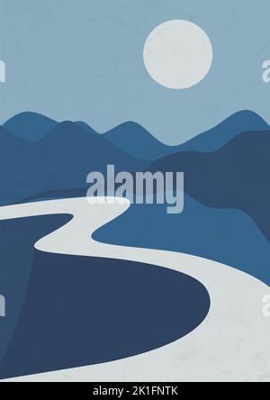 Paysage esthétique vectoriel avec montagnes et affiche routière. Illustration de Vecteur