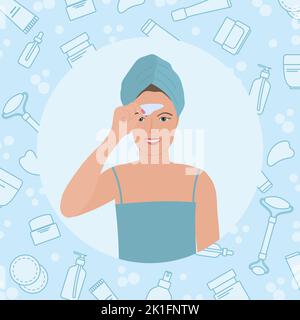 Illustration vectorielle procédures de routine Beauté à la maison. Femme fait un massage du visage avec des grattoirs gua sha. Une fille utilise un masseur pour le yoga du visage. M naturel Illustration de Vecteur