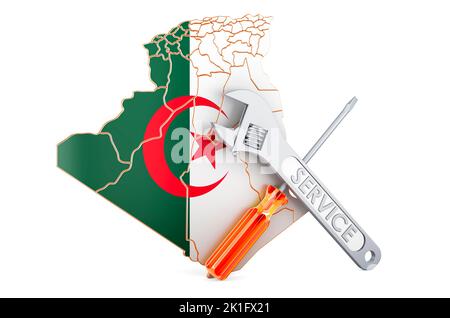 Carte algérienne avec tournevis et clé, 3D rendu isolé sur fond blanc Banque D'Images