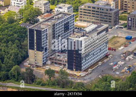 Vue aérienne, chantier de construction et nouveau dortoir étudiant en construction modulaire au Campus communautaire de l'Universitätsstraße, Wiemelhausen, Banque D'Images