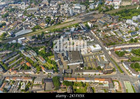 Vue aérienne, parcours de vélo prévu RS1 Ruhrschnellradweg, gare principale et rue de l'université, Fahrzeugwerke Lueg, centre-ville sud, Bochum, Ruh Banque D'Images