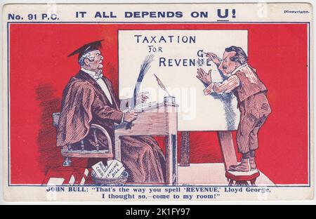 « Tout dépend de U ! John Bull: "C'est la façon dont vous sort "LIEU", Lloyd George, je l'ai bien, - venez dans ma chambre!": Carte postale publiée par l'Union nationale des associations conservatrices et constitutionnelles, publiée en 1912. Il montre John Bull comme un maître de poupe, en robe et chapeau de mortier, assis à un bureau et tenant une poignée de brindilles de bouleau. Il regarde David Lloyd George, vêtu d'un écolier déchiqueté, mal orthographier « l'impôt pour le revenu » comme « l'impôt pour la vengeance ». Les articles marqués 'Licensing Bill' et 'Welsh Church' sont dans une poubelle par l'enseignant Banque D'Images