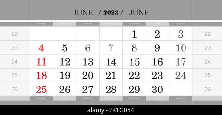 Bloc de calendrier trimestriel de juin 2023. Calendrier mural en anglais, la semaine commence à partir du dimanche. Illustration vectorielle. Illustration de Vecteur