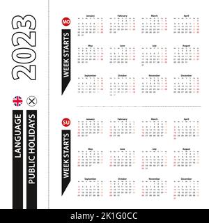 Deux versions du calendrier 2023 en anglais, la semaine commence à partir du lundi et la semaine commence à partir du dimanche. Modèle vectoriel. Illustration de Vecteur