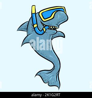 Dessin de requin avec masque de plongée et dessin de plongée avec tuba gravure vectorielle illustration. Imprimé T-shirt. Imitation de style tableau à rayures. Noir an Banque D'Images