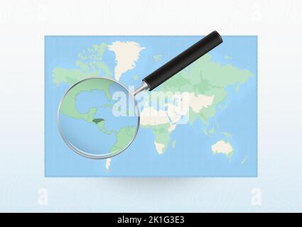 Carte du monde avec une loupe dirigée vers le Honduras, recherchant le Honduras avec la loupe. Carte vectorielle. Illustration de Vecteur