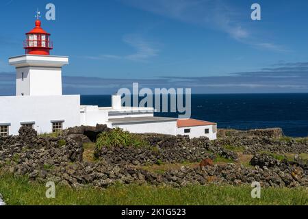 Le phare de Ponta das Contendas et un cheval sur l'île de Terceira, Açores, Portugal. Banque D'Images