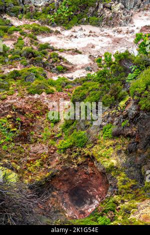 Le dioxyde de carbone et les gaz sulfurés s'échappent des fumaroles volcaniques dans le parc naturel de Furnas do Enxofre, sur l'île de Terceira, dans les Açores, au Portugal. Les Açores abritent 26 volcans actifs, dont 8 sous-marins. Banque D'Images