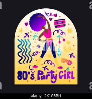 Retro Party 80s African American femme fitness poster avec dégradé lettering 70s vintage disco danse flyer, personnage de dessin animé vecteur personne Illustration de Vecteur