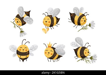 Abeille ensemble de dessin animé miel ensemble de vecteur, arrière-plan adorable icône design heureux bébé drôle art. Illustration de Vecteur
