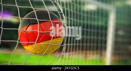 Ballon de football avec drapeau de l'Allemagne dans le filet de but du stade de football. Championnat de football de l'Allemagne concept. 3d illustration Banque D'Images