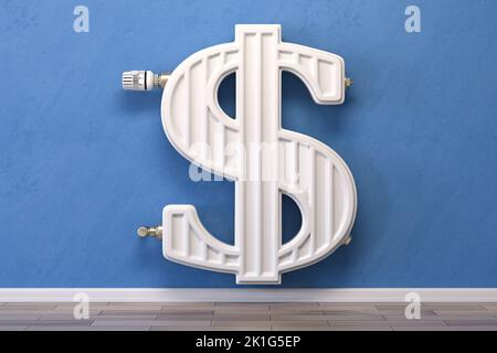 Radiateur de chauffage sous forme de signe de dollar. Crise énergétique, efficacité énergétique et augmentation des coûts de chauffage aux États-Unis concept. 3d illustration Banque D'Images