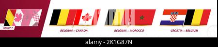 Matchs de l'équipe de football belge dans le groupe F du tournoi international de football 2022. Jeu d'icônes vecteur sport. Illustration de Vecteur