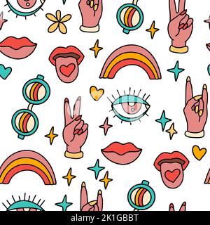 70s 80s motif vectoriel sans coutures style rétro et groovy. Dessin animé autocollant arc-en-ciel rétro été psychédélique funky mignon fond Illustration de Vecteur