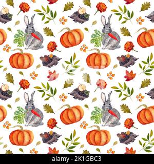 Motif aquarelle sans couture avec récolte d'automne, lapins et hérissons. Banque D'Images