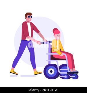 Homme de dessin animé poussant une femme handicapée sur un fauteuil roulant Illustration de Vecteur