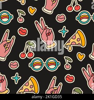 70s 80s motif vectoriel sans coutures style rétro et groovy. Dessin animé main, pizza, cerise et verres rétro été psychédélique funky mignon fond Illustration de Vecteur