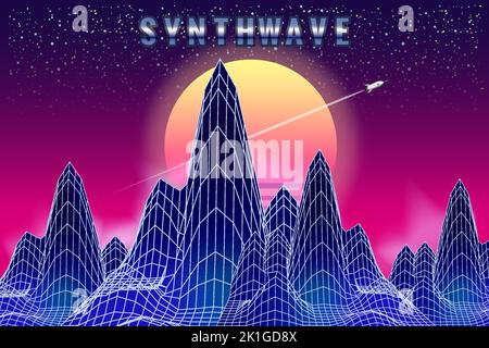 Synthwave rétro bannière vaporwave esthétique arrière-plan. Montagnes paysage grille 3D, coucher de soleil années 80 de retwave Illustration de Vecteur