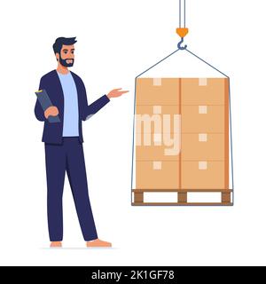 Le personnage de l'homme du gestionnaire des stocks dirige le mouvement des marchandises qui se trouvent dans les boîtes de carton de l'entrepôt. Concept de distribution en magasin. Bureau de poste, magasin, Illustration de Vecteur
