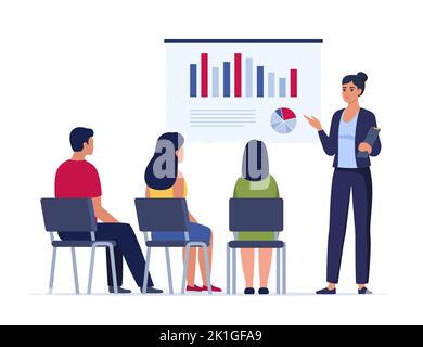 Femme d'affaires présentant un nouveau projet à ses partenaires et collègues. Elle affiche des graphiques et des graphiques à secteurs. Coacher les clients pour leur faire une présentation. Vect Illustration de Vecteur