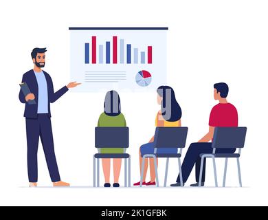 Homme d'affaires présentant un nouveau projet à ses partenaires et collègues. Il affiche des graphiques et des graphiques à secteurs. Coacher les clients pour leur faire une présentation. Vecteur i Illustration de Vecteur