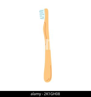 Brosse à dents en bois dessinée à la main pour brosser les dents dans un style de dessin animé plat. Illustration vectorielle des fournitures dentaires, concept de soins dentaires, hygiène buccale. Illustration de Vecteur
