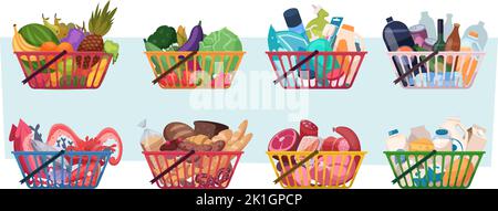 Chariots. Produits d'épicerie produits alimentaires naturels du marché fruits lait viande et légumes panier d'épicerie exact Vector Illustration de Vecteur