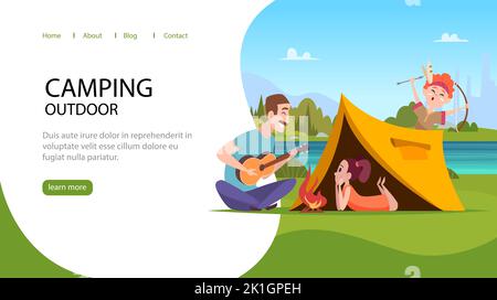 Atterrissage en camping. Les enfants en vacances en plein air se détendre famille père jouant à la guitare passer du temps avec les enfants près de campfire swanky vecteur page web de dessin animé Illustration de Vecteur