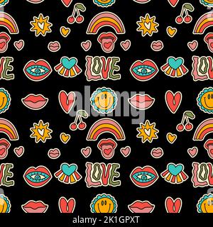 70s 80s motif vectoriel sans coutures style rétro et groovy. Caricature arc-en-ciel amour fleur autocollant rétro été psychédélique funky mignon fond Illustration de Vecteur