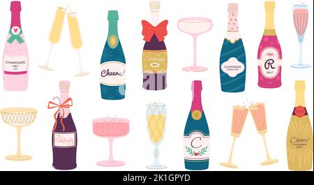 Bouteilles de champagne, bouteille de champagne prosecco et verres. Fête de fête à plat vintage, vacances du nouvel an ou mariage. Alcool santé racy vecteur Illustration de Vecteur