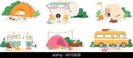 Emplacements de repos de camping de randonnée avec outils, tente et campeurs. Forêt aventure en plein air transport, maison de tourisme et lieux de loisirs ensemble de vecteur racy Illustration de Vecteur
