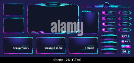 Trames de flux de jeu. Thème lumineux pour la conférence en direct des jeux, hud trame twitch streaming multimédia joueur broadcast webcam box écran vidéo, illustration vectorielle garaire de l'écran de jeu futuriste Illustration de Vecteur