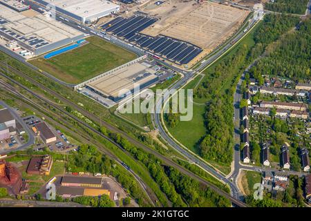 Vue aérienne, zone industrielle Westfalenhütte, chantier de construction du parc Prologueis Dortmund DC2, Westfalenhütte, Walzwerkstraße Kaiserstuhl Banque D'Images