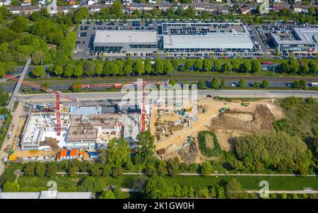 Vue aérienne, chantier de construction à Stadtkrone-Ost, nouveau bâtiment Adesso, Freie-Vogel-Straße, Westfendamm, Dortmund, Région de la Ruhr, Rhénanie-du-Nord-Westphalie, Banque D'Images