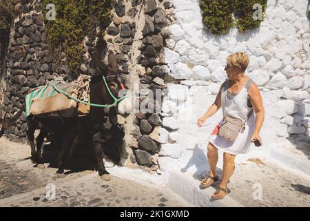 Pyrgos, Grèce - 12 septembre 2022: Une femme est surpris par un âne venant autour d'un coin aveugle dans le village traditionnel de Pyrgos Kalistis sur le Banque D'Images