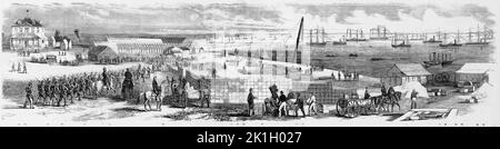 Expédition à Port Royal - bâtiments gouvernementaux érigés sur l'île Hilton Head, en Caroline du Sud, par les Forces nationales sous la direction du général William Tecumseh Sherman - 15. Bureau du capitaine Saxton, 16. Station de signalisation, 17. Bureau de poste, 18. Bureau du capitaine Hascell, 19. Ancien bâtiment, 20. Magasin de munitions, 21. Habitation inachevée, 22. Boîtes de tir et de coque, 23. Gros plan, 24. Quai temporaire, 25. Chariots de tir de siège, 26. Bâtiment permanent Wharf, 27. Heavy Columbiads, 28. Armorer's Dept, 29-30. Deux de la flotte de pierre, 31. Fort Beauregard, 32. Ordnance, 33. Frégate Wabash, 34. Transport d'artillerie Banque D'Images