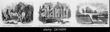 Jour de l'an à Port Royal, Caroline du Sud - les troupes nationales qui débarrachent des blessés du Michigan Regiment 8th - drapeau de trêve des rebelles pour une suspension de tir, pour enterrer leurs morts et pour assister à leurs blessés - batterie de Rebel à Port Royal Ferry, prise de la chaussée. 1 janvier 1862. Illustration de la guerre de Sécession américaine du 19th siècle tirée du journal illustré de Frank Leslie Banque D'Images