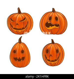 Ensemble de citrouilles isolées pour Halloween. Illustration dessinée à la main. Jack-o-Lantern sur fond blanc, fête d'Halloween Banque D'Images