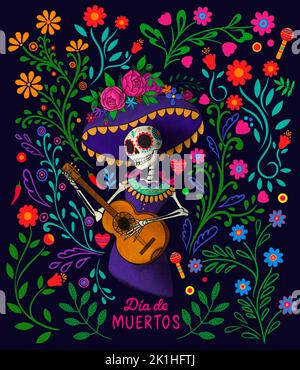 Dia de los muertos, jour des morts, vacances mexicaines, festival. Crâne de fille en chapeau avec plumes, fleurs, isolé sur fond noir foncé. Affiche Banque D'Images