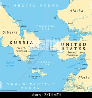 Détroit de Béring, carte politique. Détroit entre l'océan Pacifique Nord et l'océan Arctique, séparant la Sibérie, la Russie de l'Alaska, États-Unis. Banque D'Images