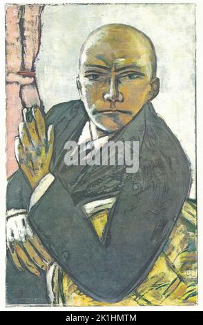 Autoportrait en noir, 1914, huile sur toile. Peinture par Max Beckmann. Max Carl Friedrich Beckmann (12 février 1884 – 27 décembre 1950) était un peintre, dessinateur, graveur, sculpteur et écrivain allemand. Bien qu'il soit classé comme artiste expressionniste, il a rejeté à la fois le terme et le mouvement. En 1920s, il est associé à la Nouvelle objectivité (Neue Sachlichkeit), une excroissance de l'expressionnisme qui s'oppose à son émotivité introvertie. Même lorsqu'il s'agit de sujets légers comme des artistes de cirque, Beckmann avait souvent une sous-intensité de moodiness ou de malaise dans ses œuvres. Banque D'Images