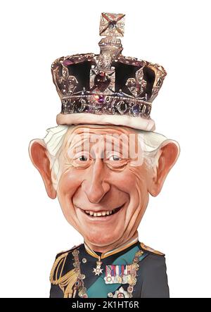 Roi Charles avec la couronne, caricature visage, Royaume-Uni Banque D'Images